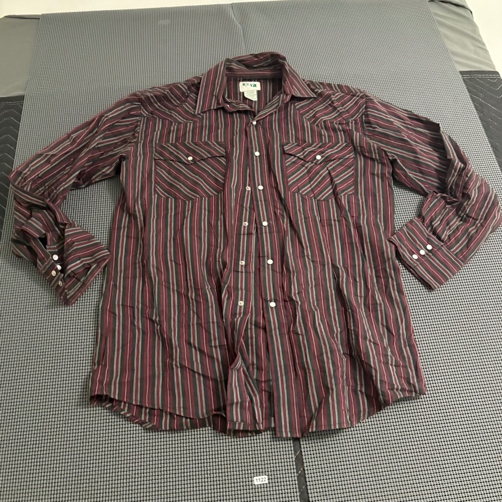 Key Industries Mens Western Pearl Snap Shirt Burgundy Striped Long Sleeve Large